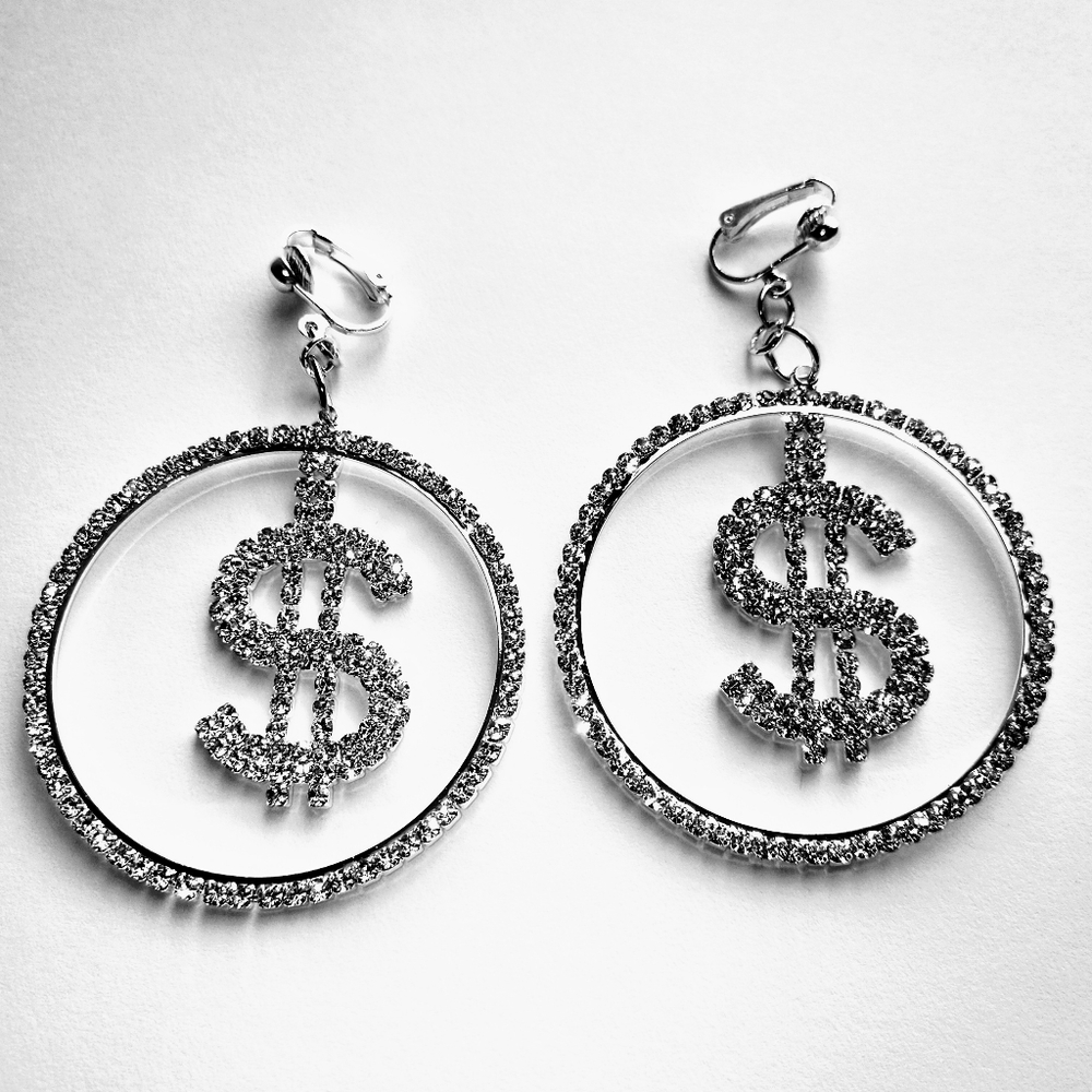 2" Silver Rhinestone $ Sign Hoop Clipon Earrings - Picture 6 of 6
